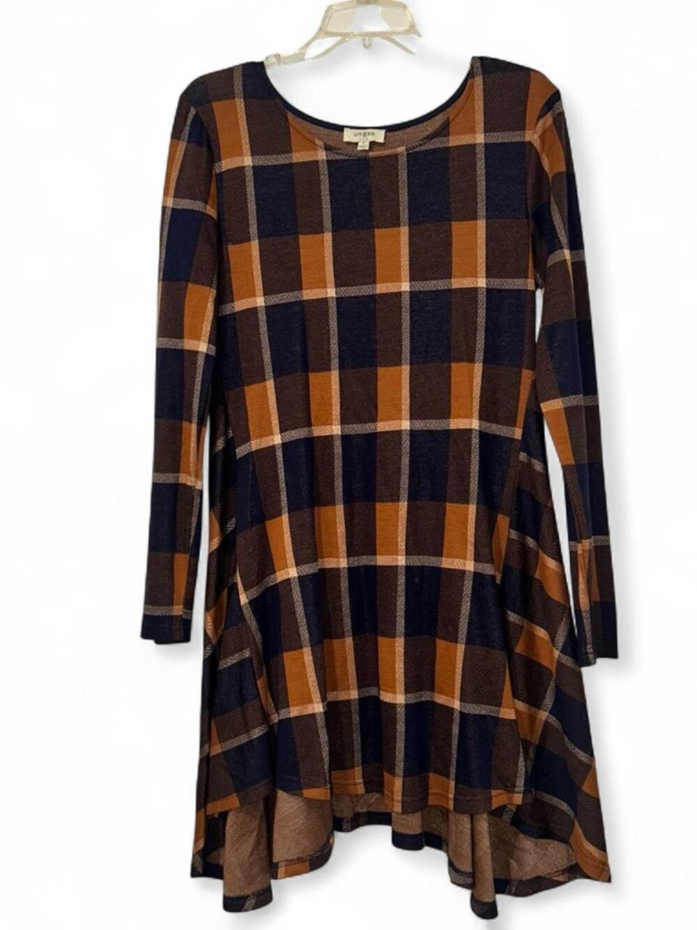 Umgee Navy & Camel Plaid Dress Women's Size Small